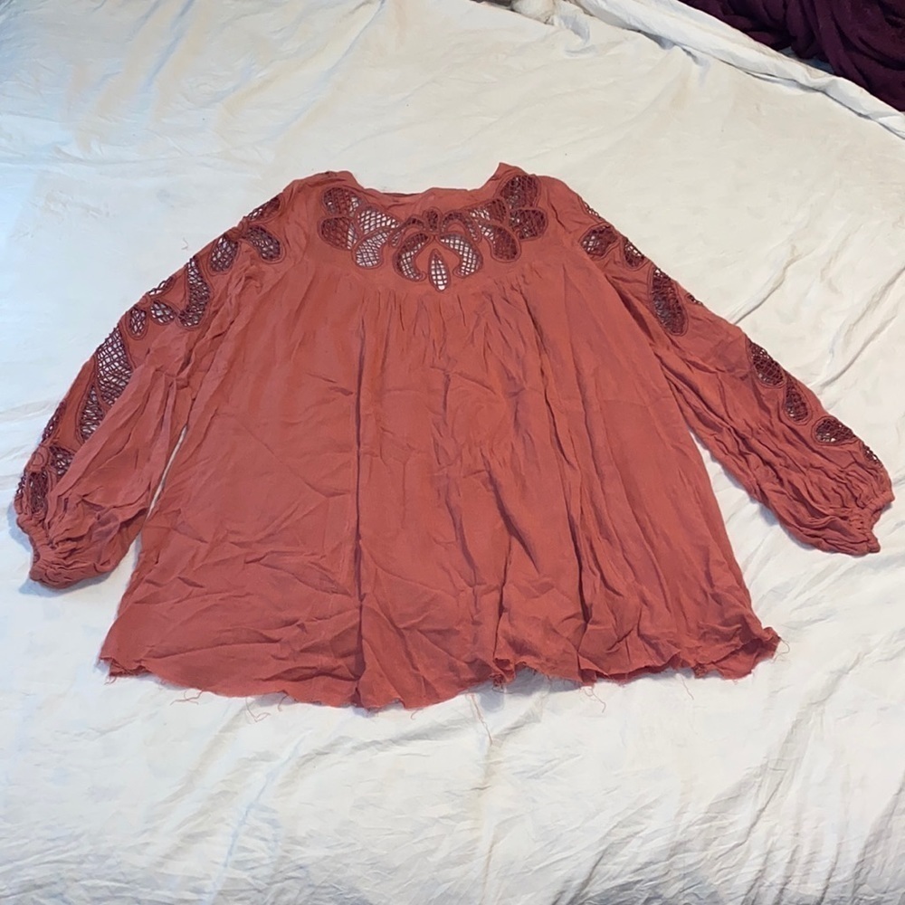 Free People Flowy Long Sleeve Lace Blouse Rose XS